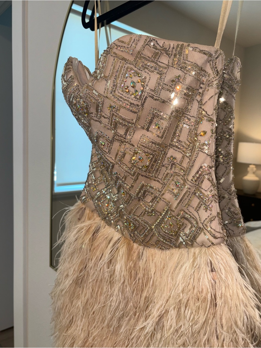 Source Unknown Blush Sequin Embellished Strapless Feather Mini Dress - Picture 6 of 16